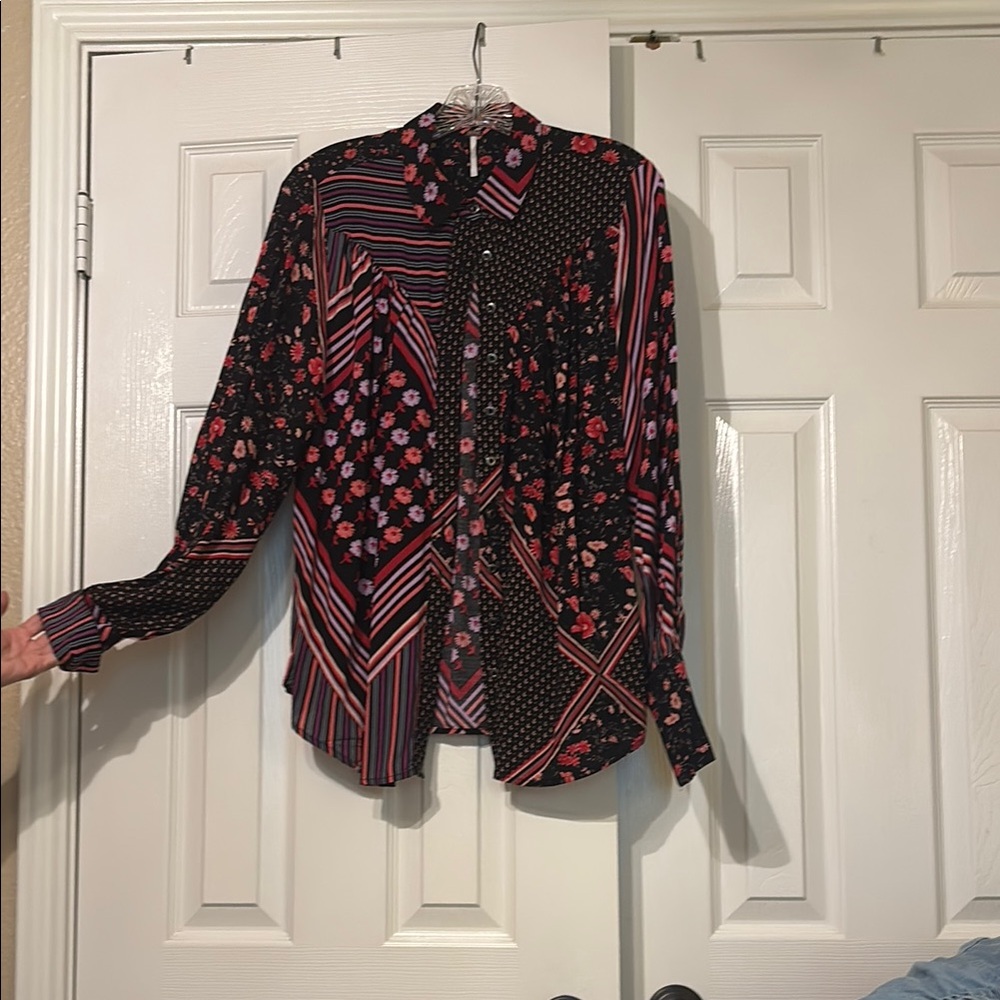 Free People Black and Red Floral Button Down Shirt